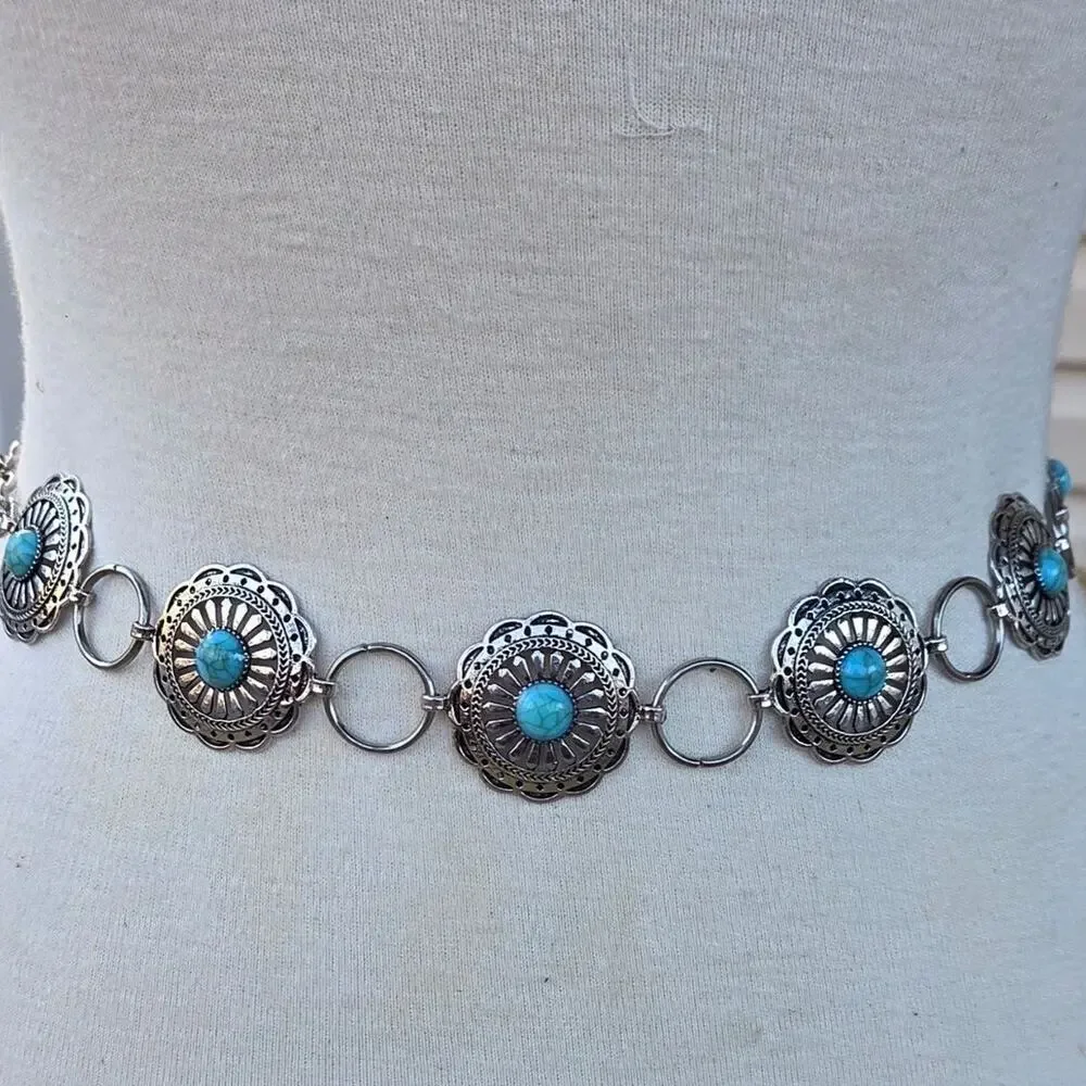 Cowgirl Concho Belt • Silver Medallions & Turquoise Accent • Rodeo / Festival
